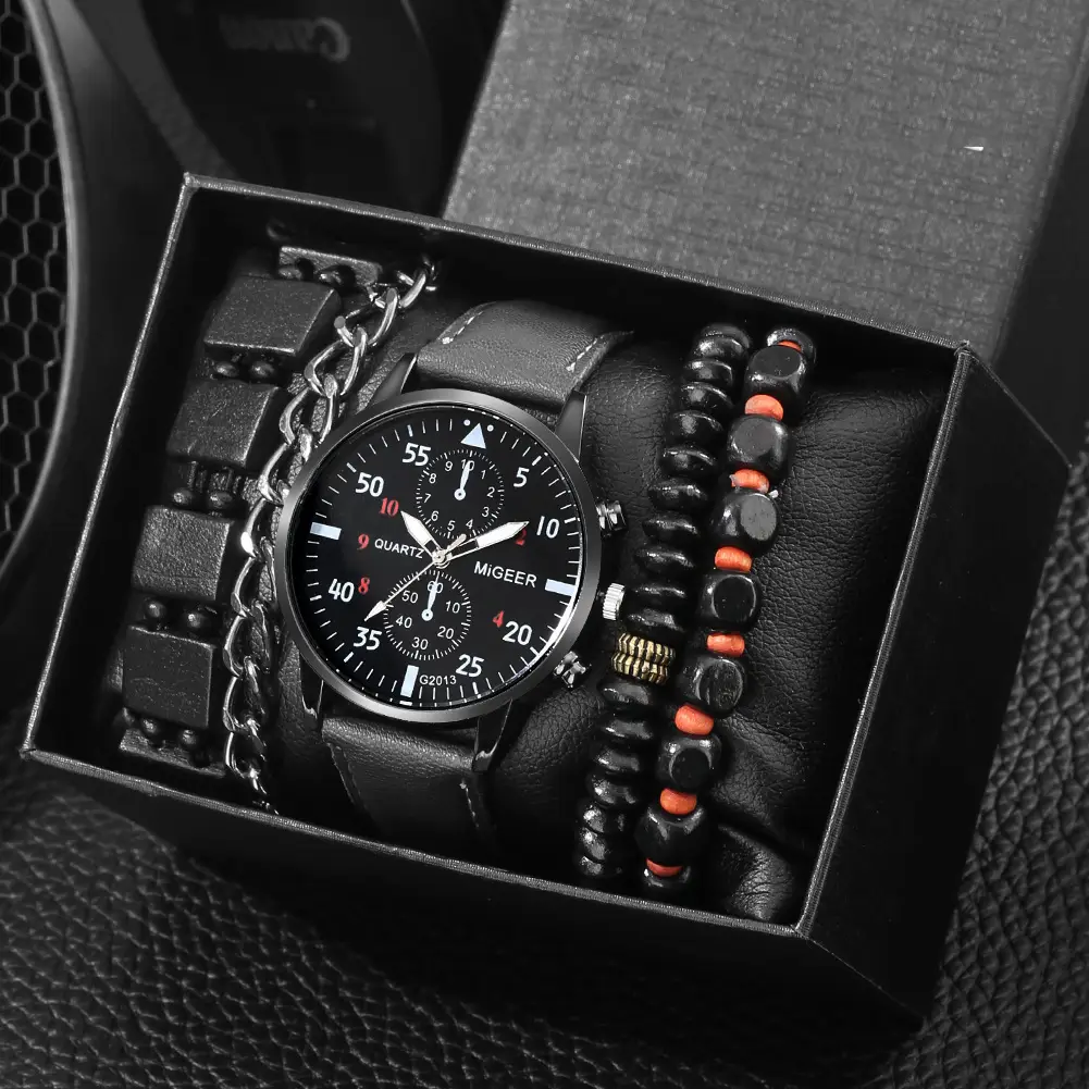 Men's Explosions Geneva Quartz Watch Set with Beaded Bracelet