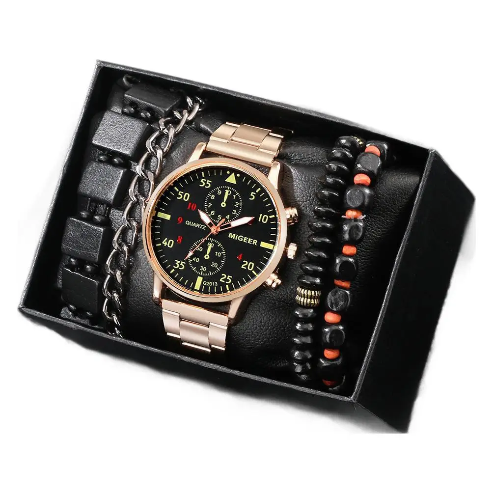 Men's Explosions Geneva Quartz Watch Set with Beaded Bracelet