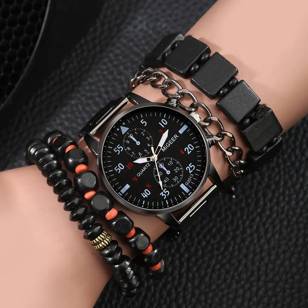 Men's Explosions Geneva Quartz Watch Set with Beaded Bracelet — feature 10