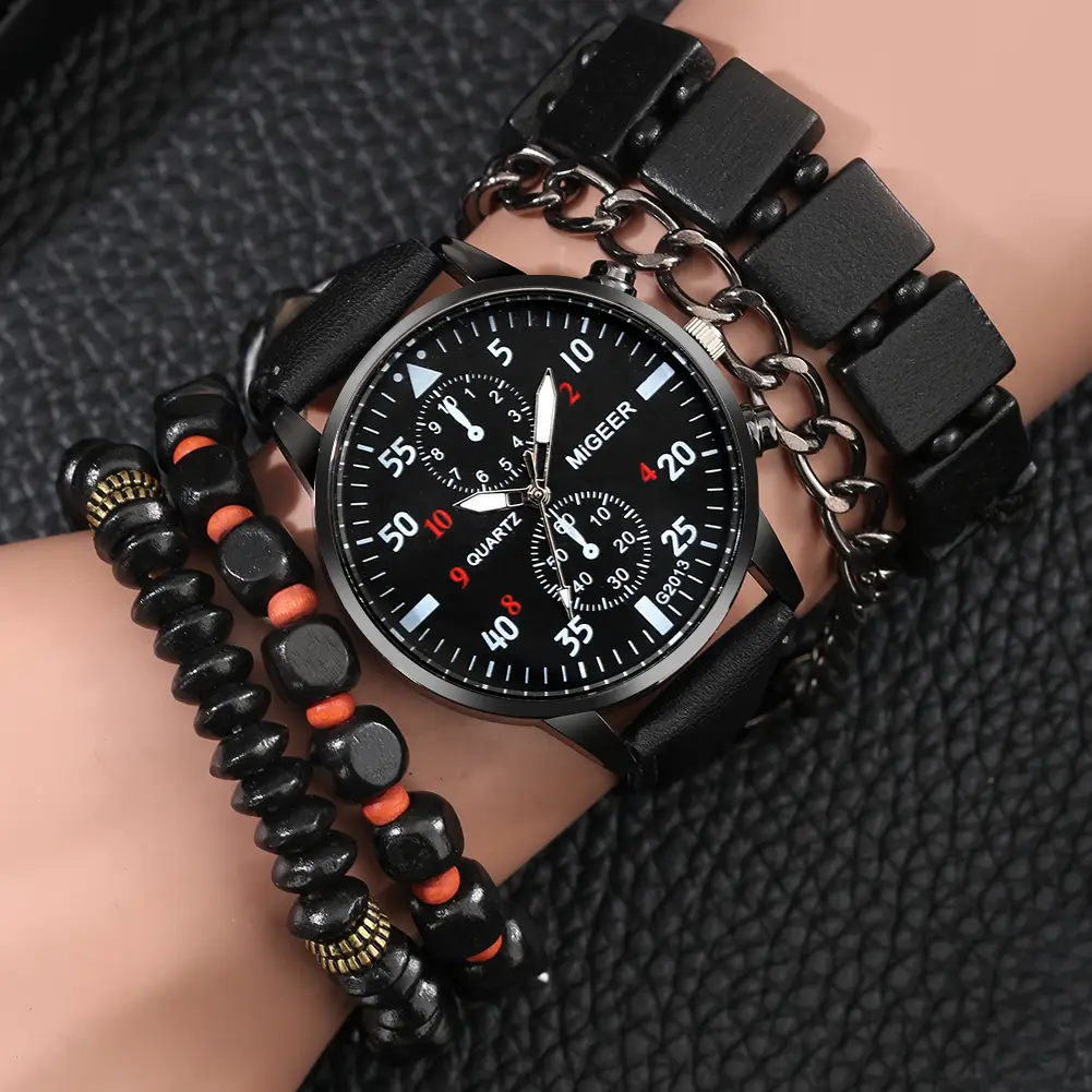 Men's Explosions Geneva Quartz Watch Set with Beaded Bracelet — feature 12