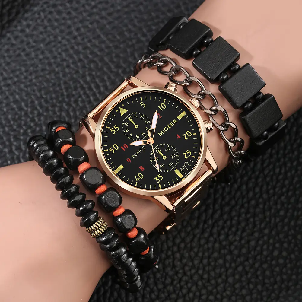 Men's Explosions Geneva Quartz Watch Set with Beaded Bracelet — feature 14