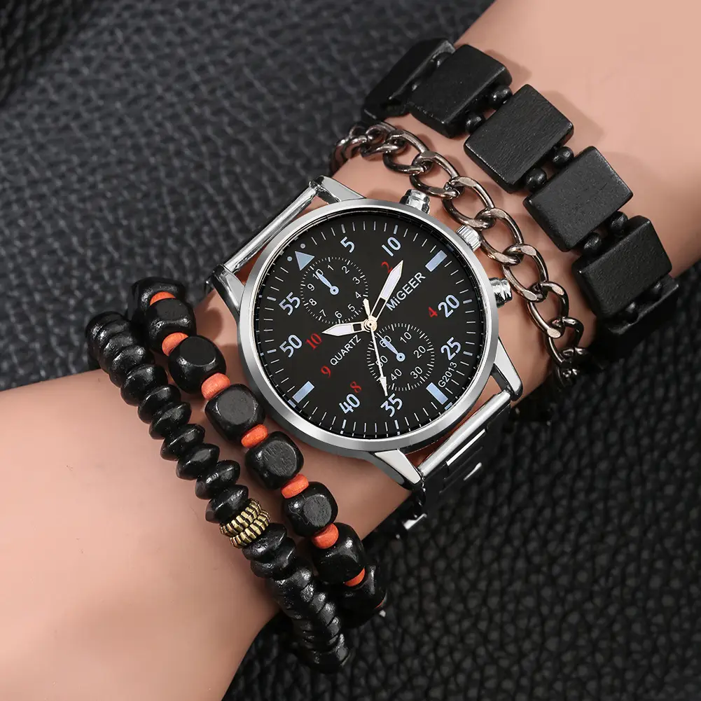 Men's Explosions Geneva Quartz Watch Set with Beaded Bracelet — feature 15
