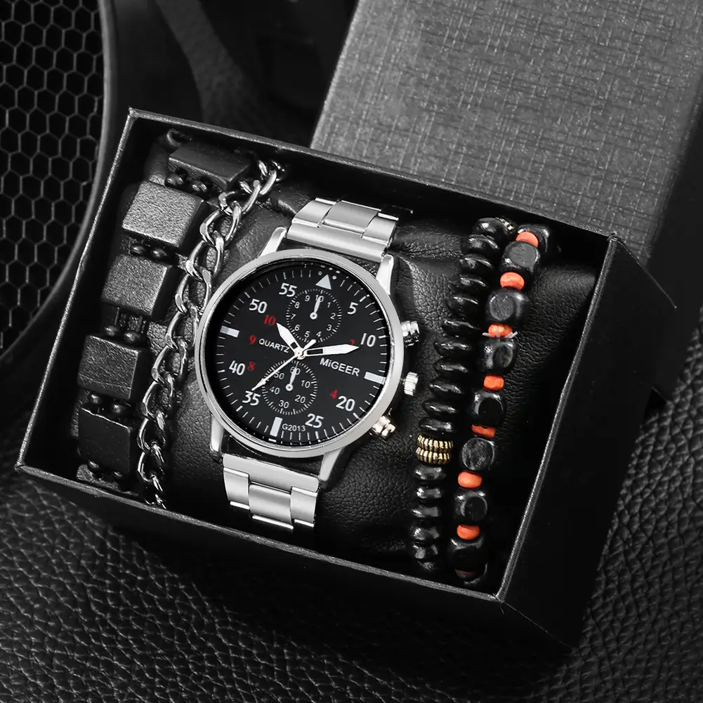 Men's Explosions Geneva Quartz Watch Set with Beaded Bracelet — feature 3