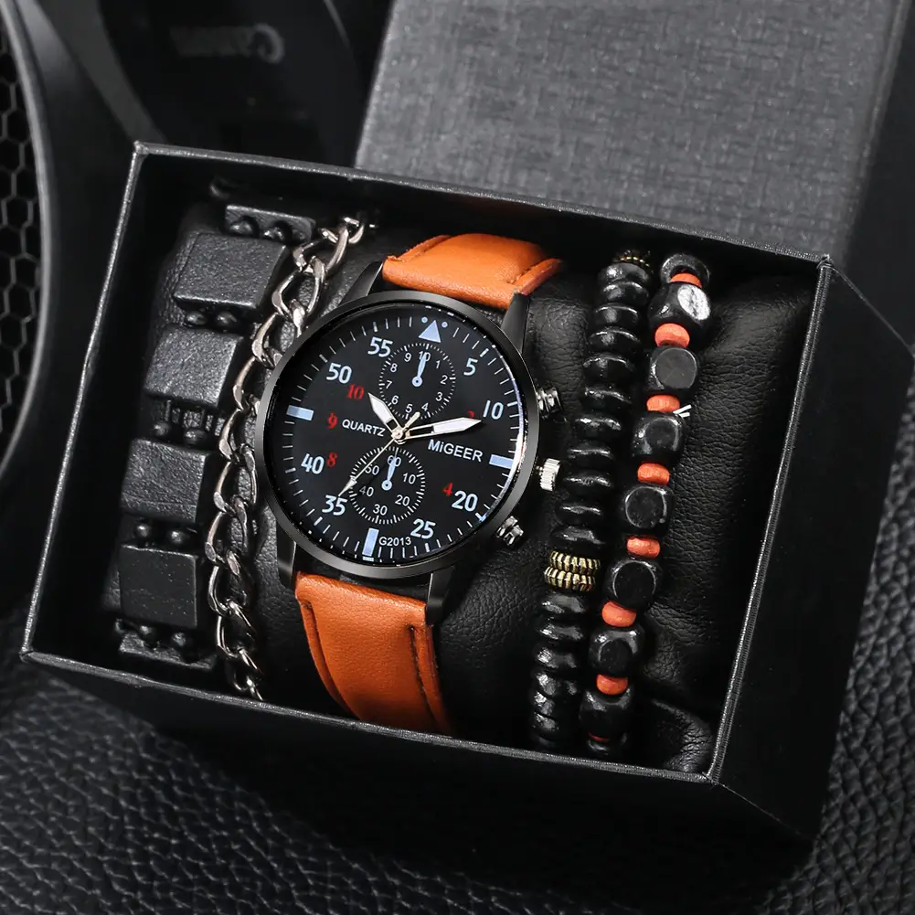 Men's Explosions Geneva Quartz Watch Set with Beaded Bracelet — feature 4
