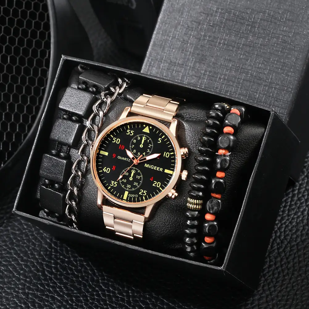 Men's Explosions Geneva Quartz Watch Set with Beaded Bracelet — feature 7