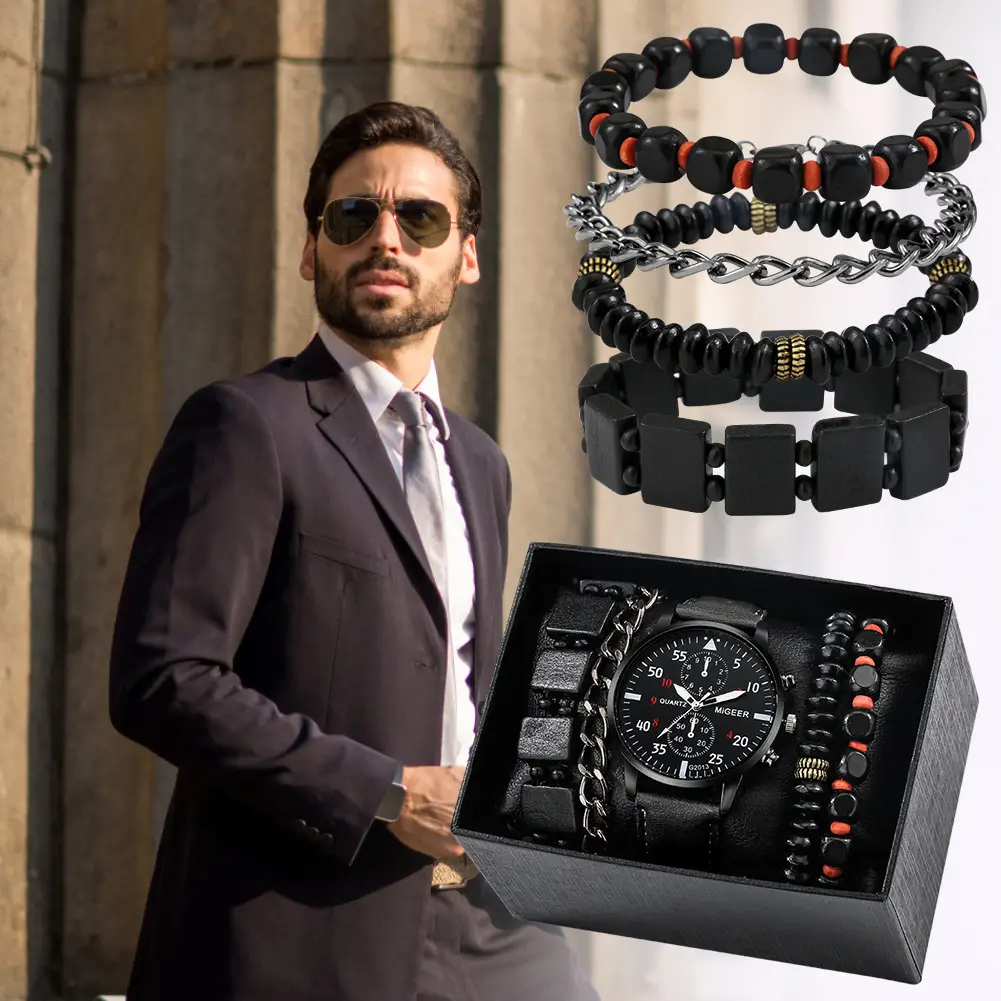 Men's Explosions Geneva Quartz Watch Set with Beaded Bracelet — feature 9