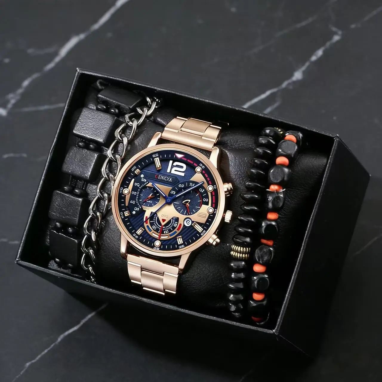 Men's Explosions Geneva Quartz Watch Set with Beaded Bracelet