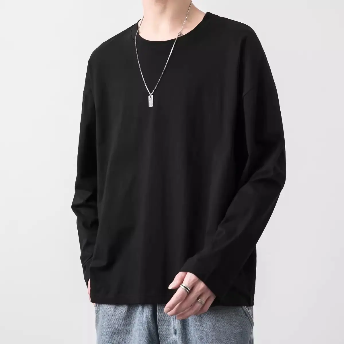 Men White Long Sleeve Cotton T-Shirt Autumn Inner Jacket - Image 2