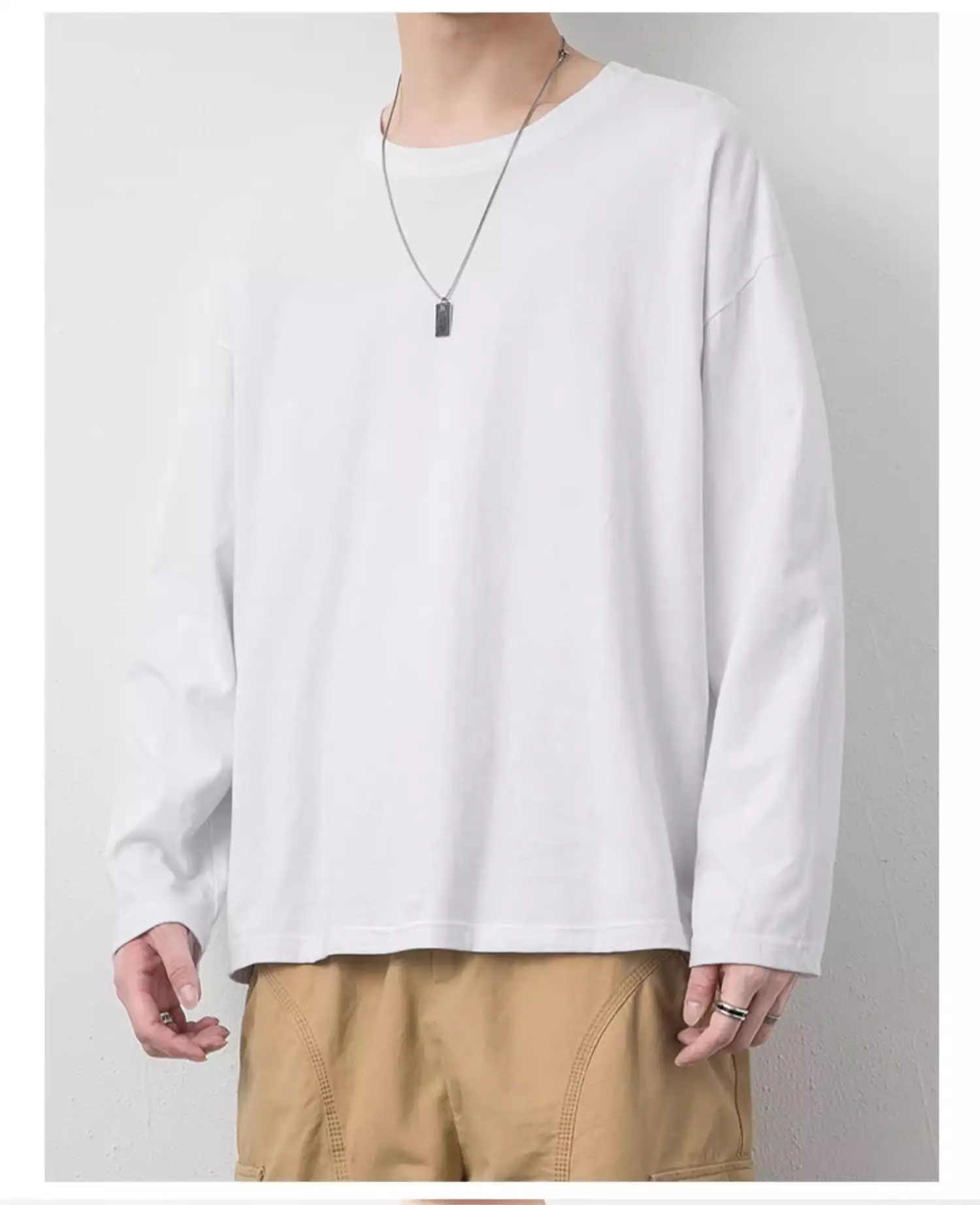 Men White Long Sleeve Cotton T-Shirt Autumn Inner Jacket — feature 13
