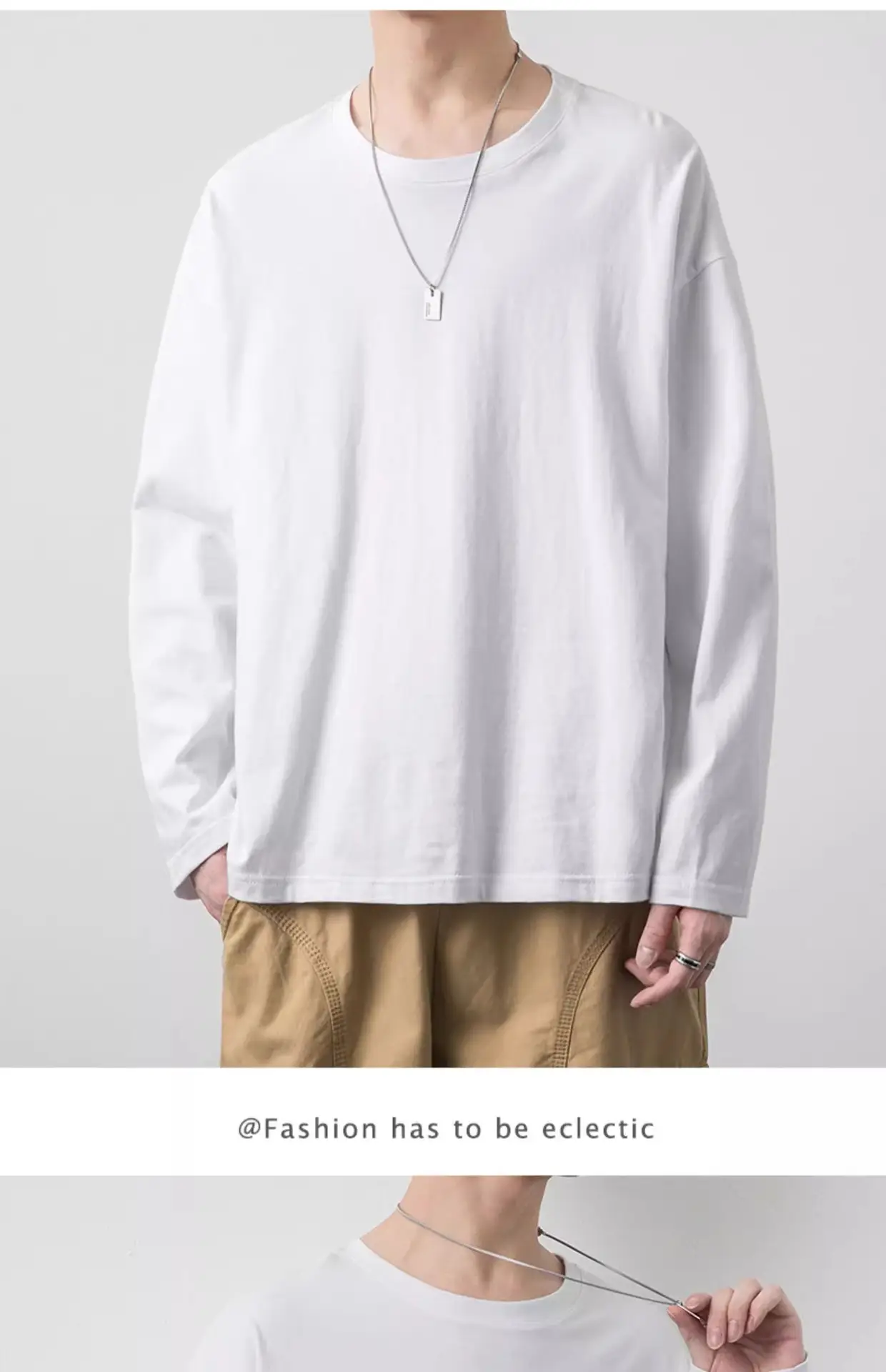 Men White Long Sleeve Cotton T-Shirt Autumn Inner Jacket — feature 14
