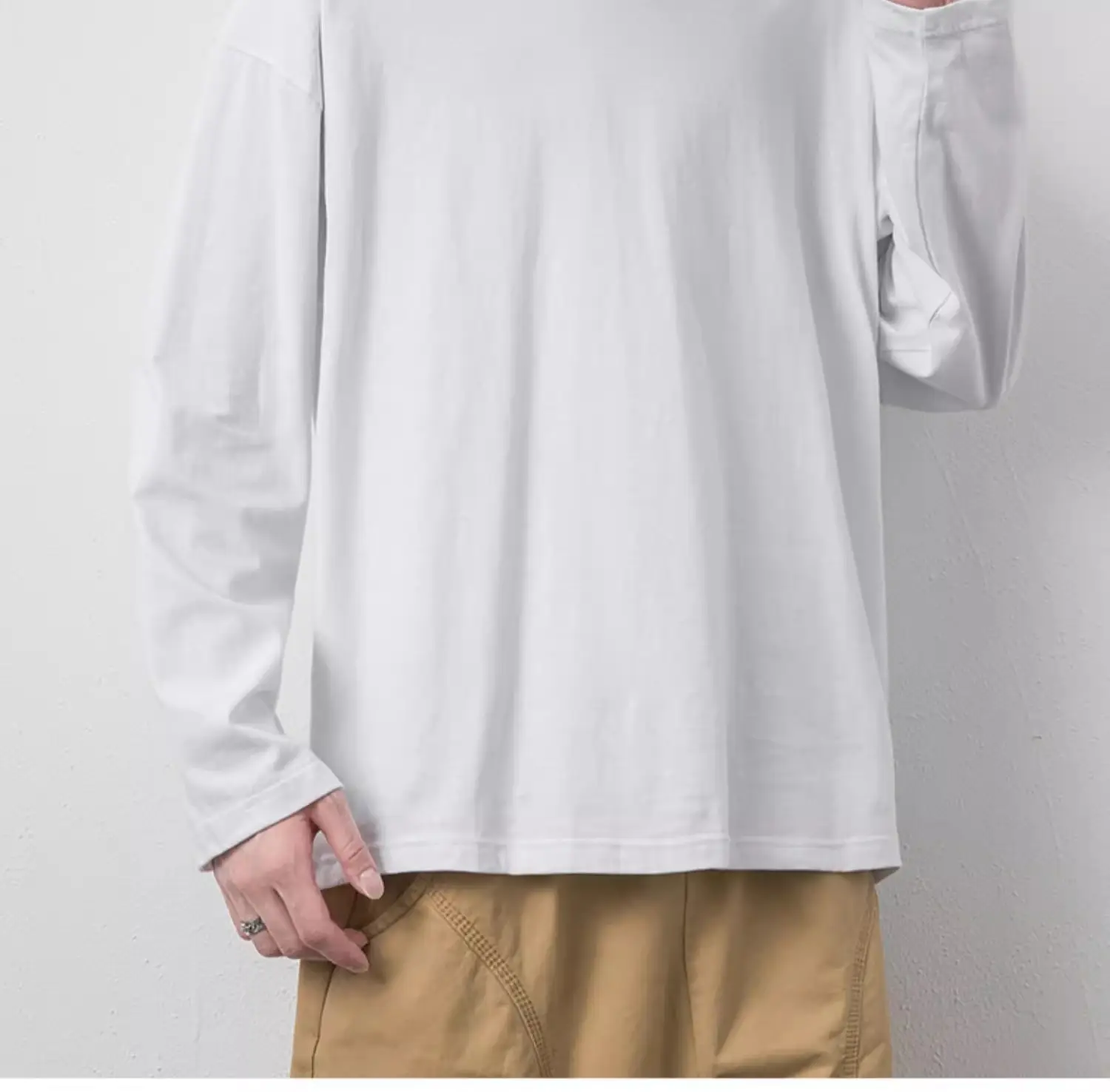 Men White Long Sleeve Cotton T-Shirt Autumn Inner Jacket — feature 15