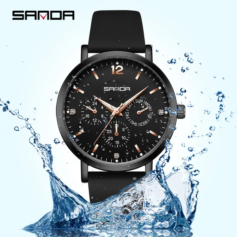 Sanda Women's Black Silicone Waterproof Watch with 3 Subdials