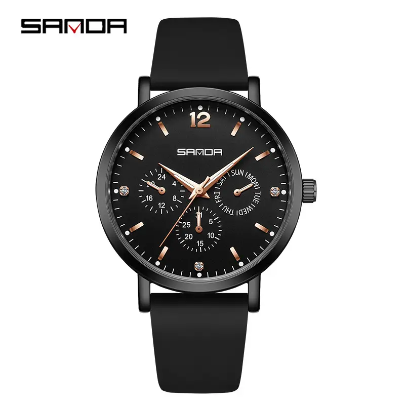 Sanda Women's Black Silicone Waterproof Watch with 3 Subdials