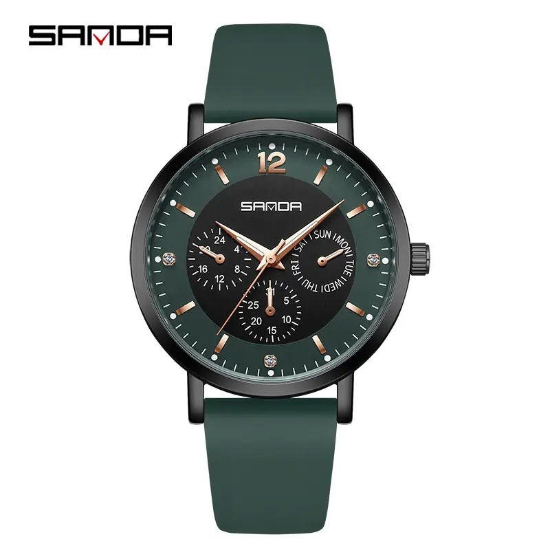 Sanda Women's Black Silicone Waterproof Watch with 3 Subdials