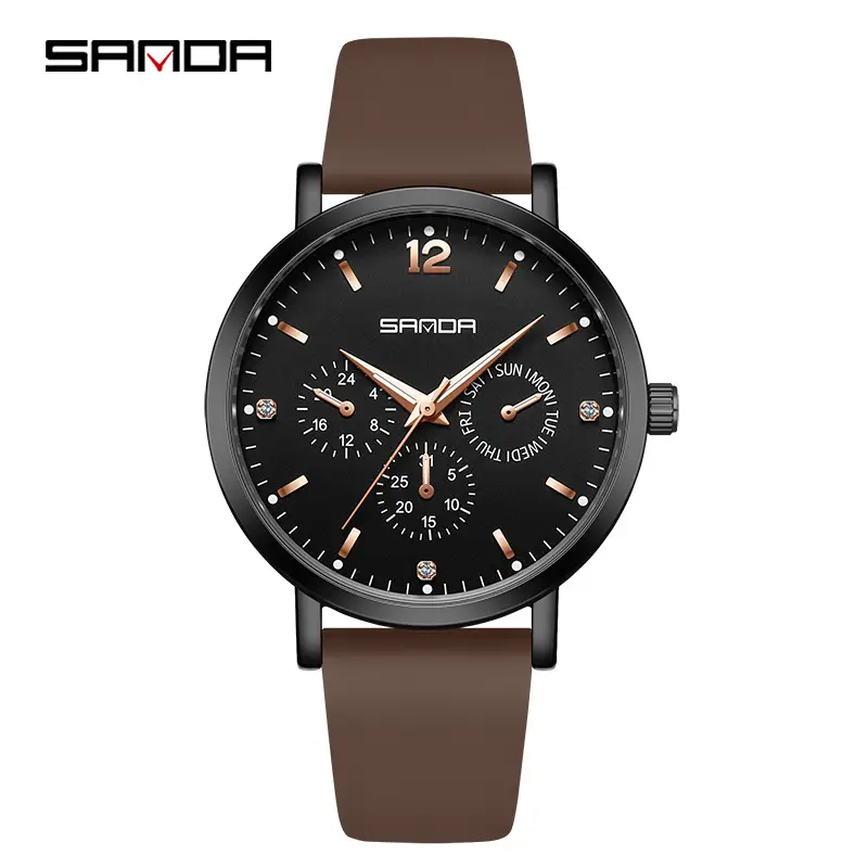 Sanda Women's Black Silicone Waterproof Watch with 3 Subdials
