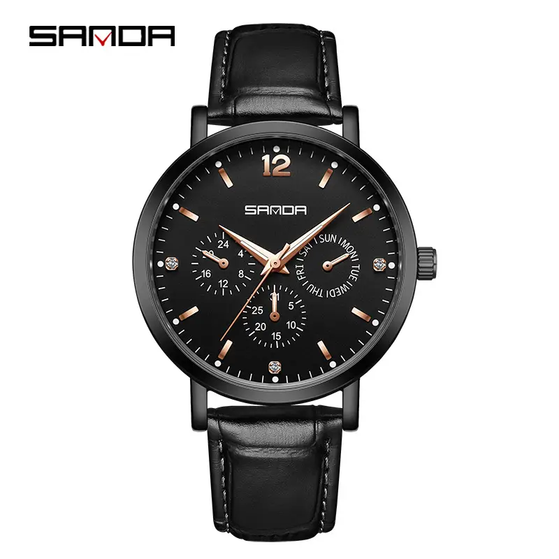 Sanda Women's Black Silicone Waterproof Watch with 3 Subdials
