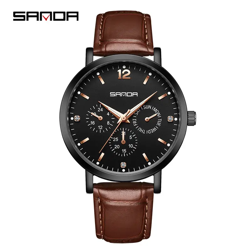 Sanda Women's Black Silicone Waterproof Watch with 3 Subdials