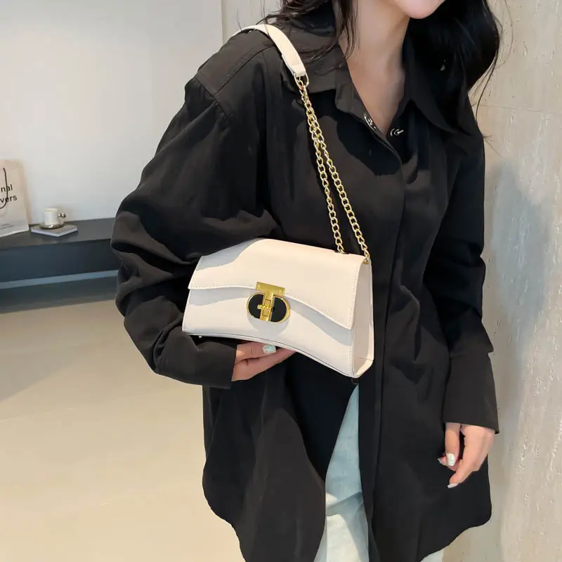 Retro Lock Chain Shoulder Bag Beige Gold - Image 7