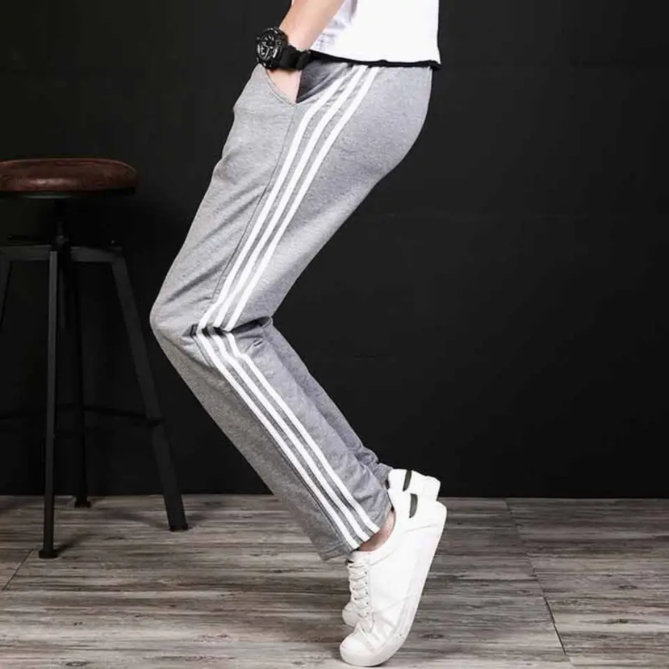 Men Grey 3-Stripe Sweatpants Loose Straight Leg - Image 7
