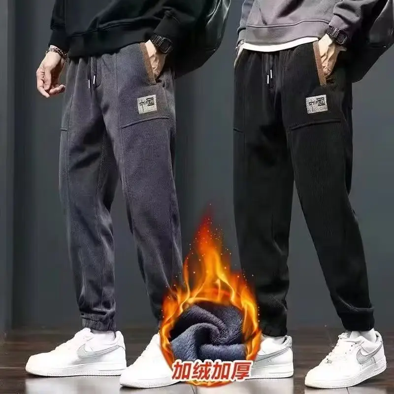 Men Fleece Lined Casual Pants Black Fall Winter - Image 8