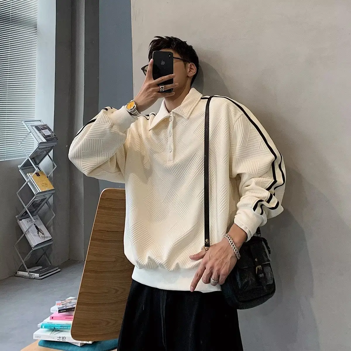 Men's White Lapel Polo Shirt with Striped Design - Image 4