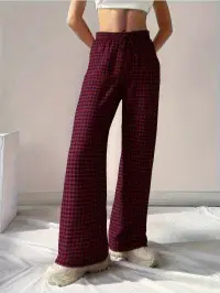 Women's 2025 Plaid Wide Leg Pants Pink Loose Casual - Image 8
