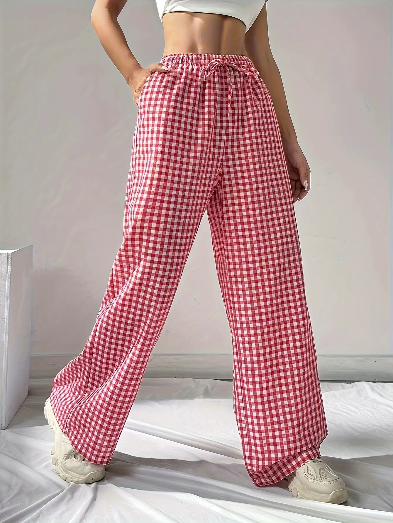 Women's 2025 Plaid Wide Leg Pants Pink Loose Casual — feature 2