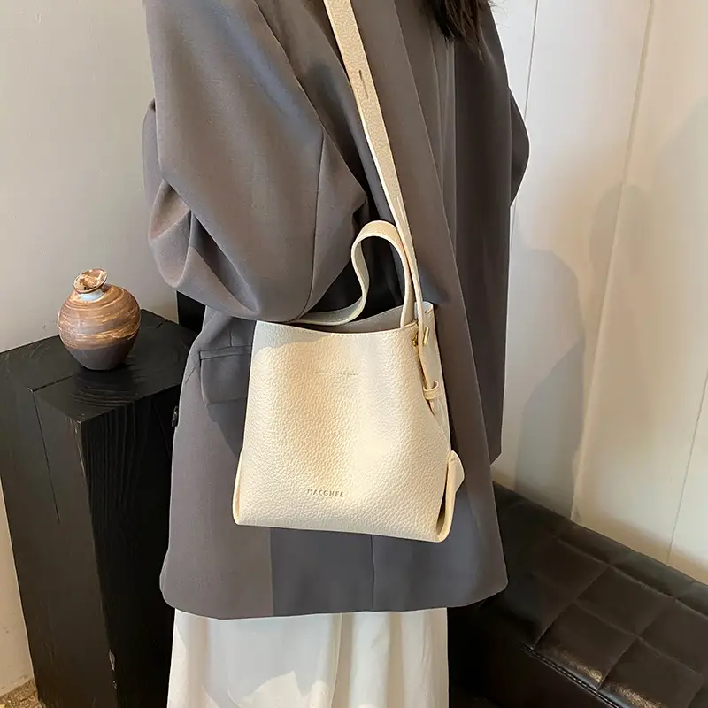 Women's Litchi Pattern Bucket Bag Beige Shoulder Crossbody - Image 7
