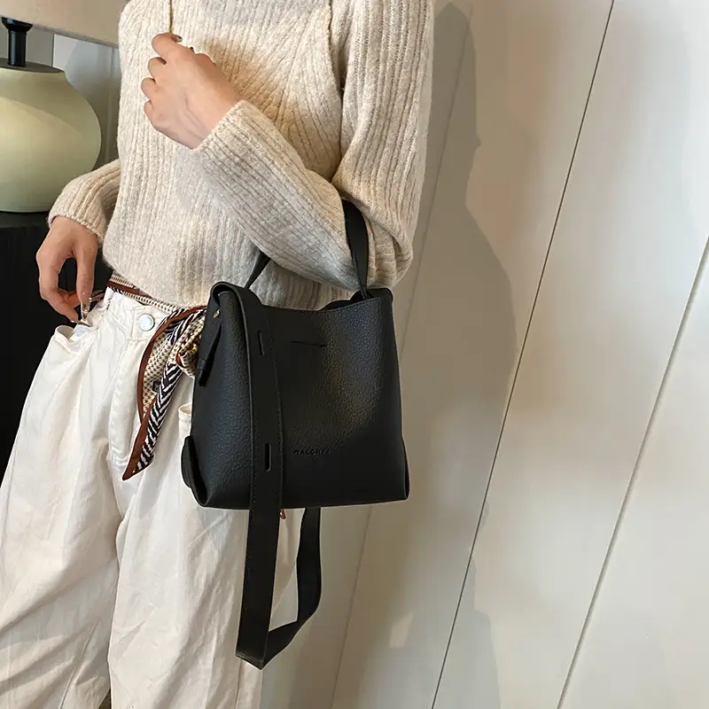 Women's Litchi Pattern Bucket Bag Beige Shoulder Crossbody - Image 8