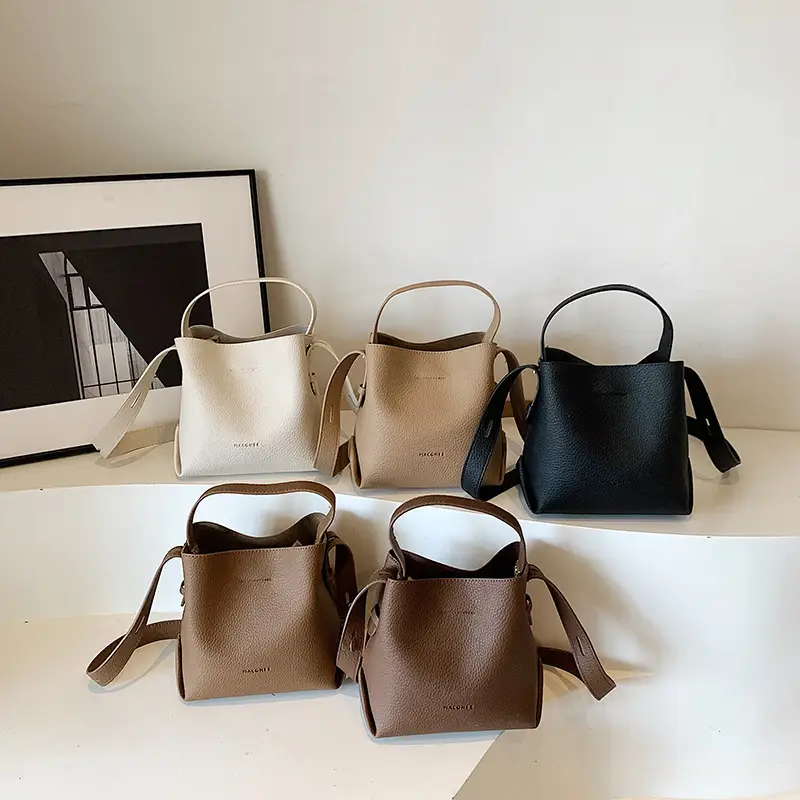 Women's Litchi Pattern Bucket Bag Beige Shoulder Crossbody - Image 9