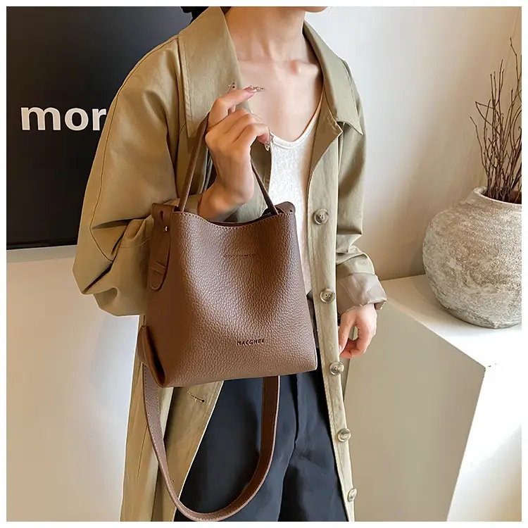 Women's Litchi Pattern Bucket Bag Beige Shoulder Crossbody — feature 13