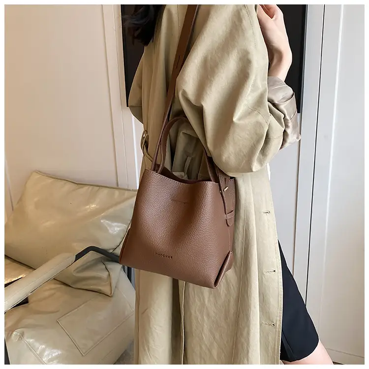 Women's Litchi Pattern Bucket Bag Beige Shoulder Crossbody — feature 14