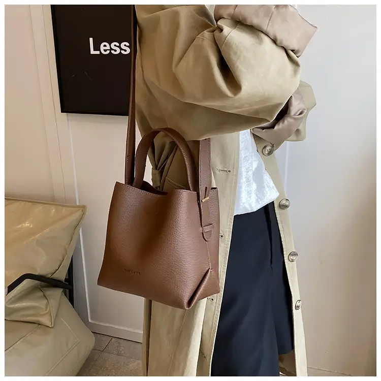 Women's Litchi Pattern Bucket Bag Beige Shoulder Crossbody — feature 15