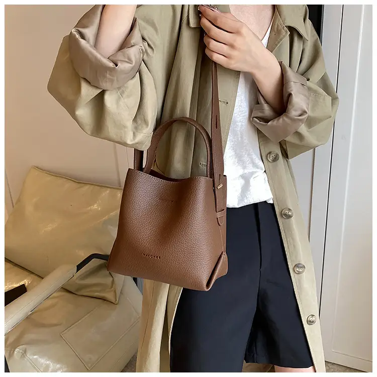 Women's Litchi Pattern Bucket Bag Beige Shoulder Crossbody — feature 16