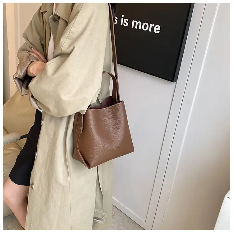 Women's Litchi Pattern Bucket Bag Beige Shoulder Crossbody — feature 17