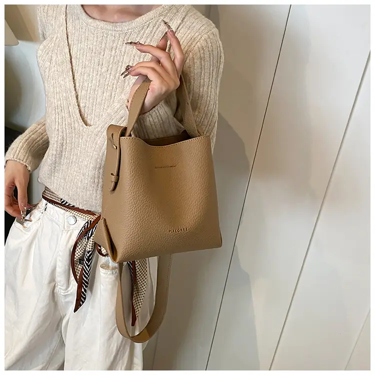 Women's Litchi Pattern Bucket Bag Beige Shoulder Crossbody — feature 18