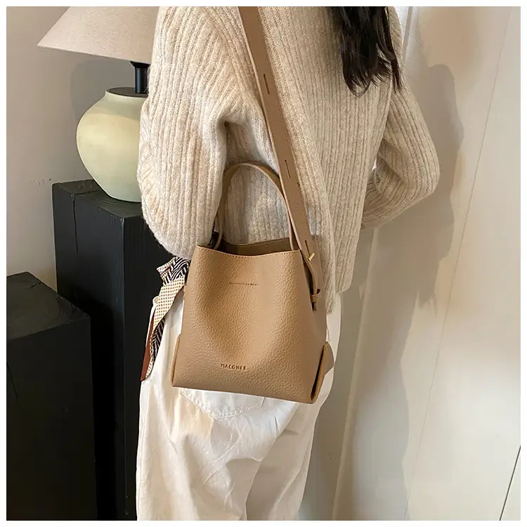 Women's Litchi Pattern Bucket Bag Beige Shoulder Crossbody — feature 21