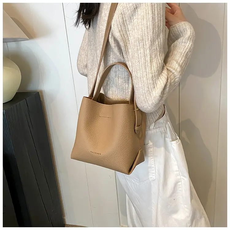 Women's Litchi Pattern Bucket Bag Beige Shoulder Crossbody — feature 22