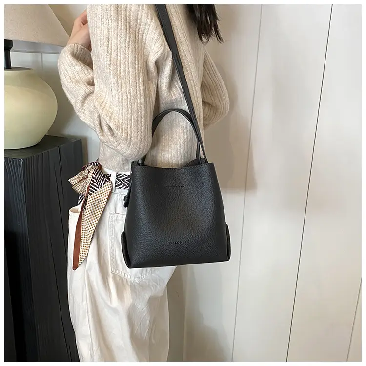 Women's Litchi Pattern Bucket Bag Beige Shoulder Crossbody — feature 26