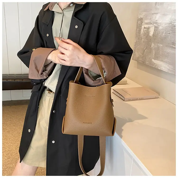 Women's Litchi Pattern Bucket Bag Beige Shoulder Crossbody — feature 27