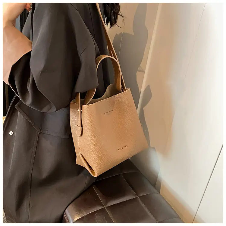 Women's Litchi Pattern Bucket Bag Beige Shoulder Crossbody — feature 28