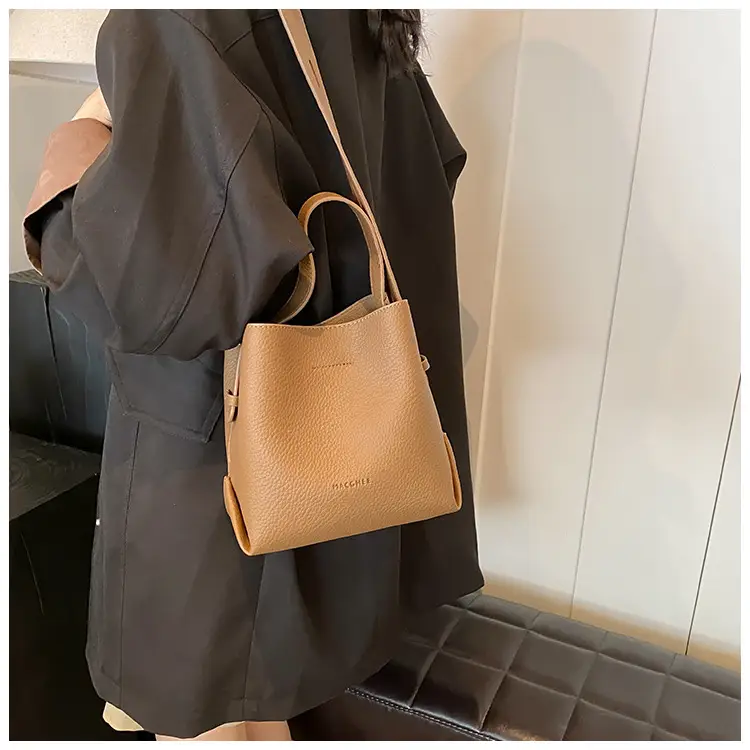 Women's Litchi Pattern Bucket Bag Beige Shoulder Crossbody — feature 30