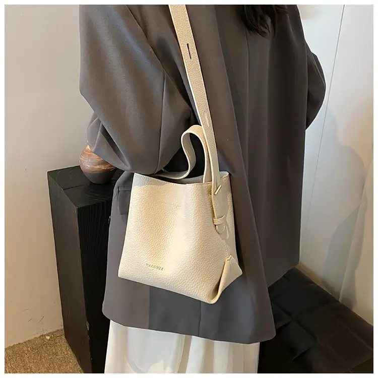 Women's Litchi Pattern Bucket Bag Beige Shoulder Crossbody — feature 31