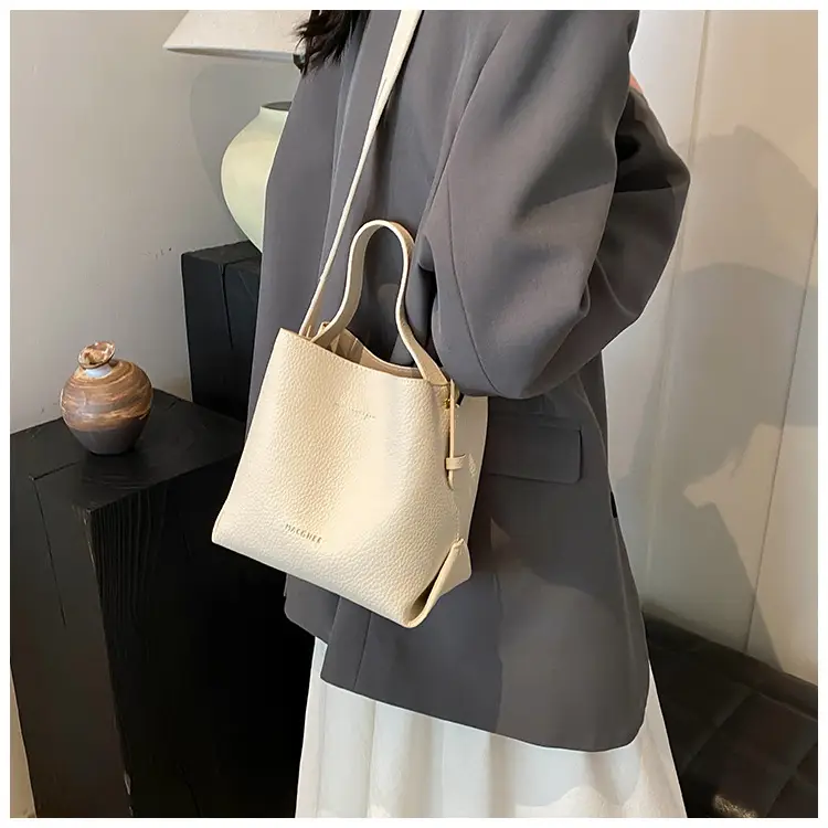 Women's Litchi Pattern Bucket Bag Beige Shoulder Crossbody — feature 32