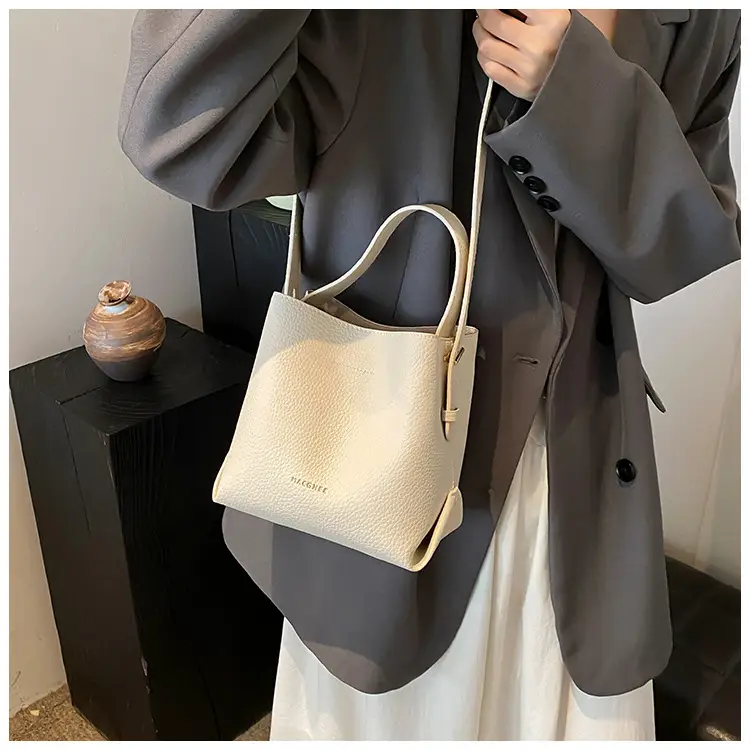 Women's Litchi Pattern Bucket Bag Beige Shoulder Crossbody — feature 33
