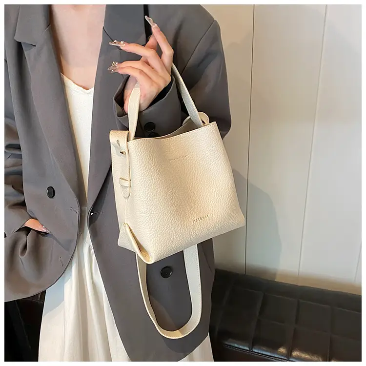 Women's Litchi Pattern Bucket Bag Beige Shoulder Crossbody — feature 34