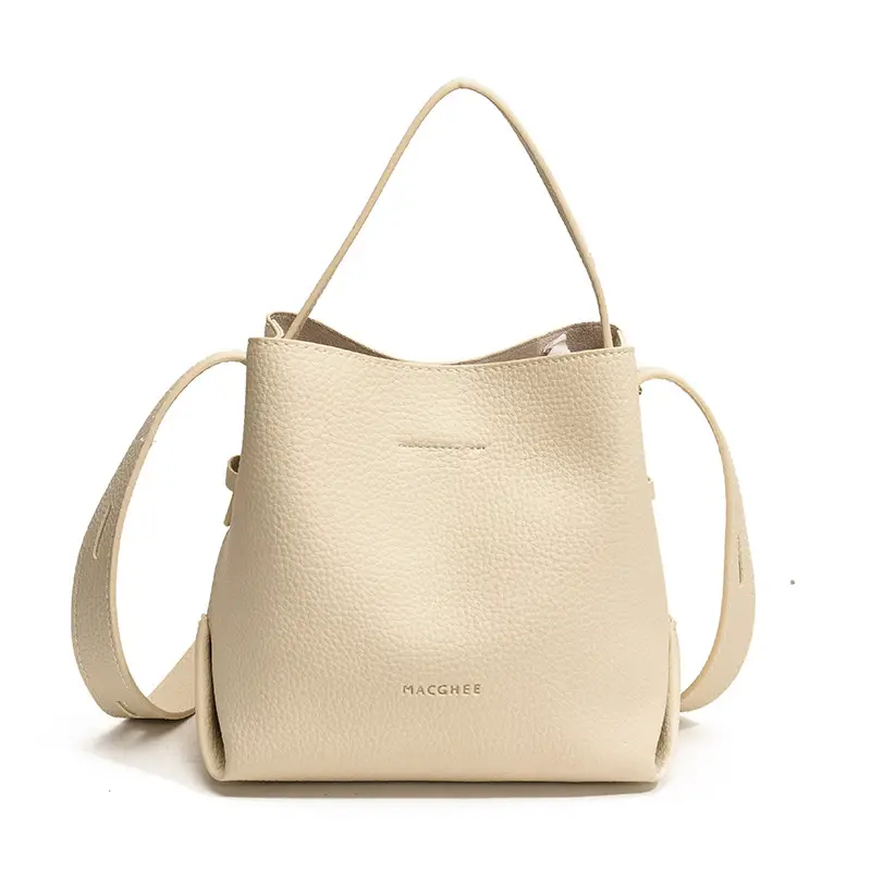 Women's Litchi Pattern Bucket Bag Beige Shoulder Crossbody - Image 2