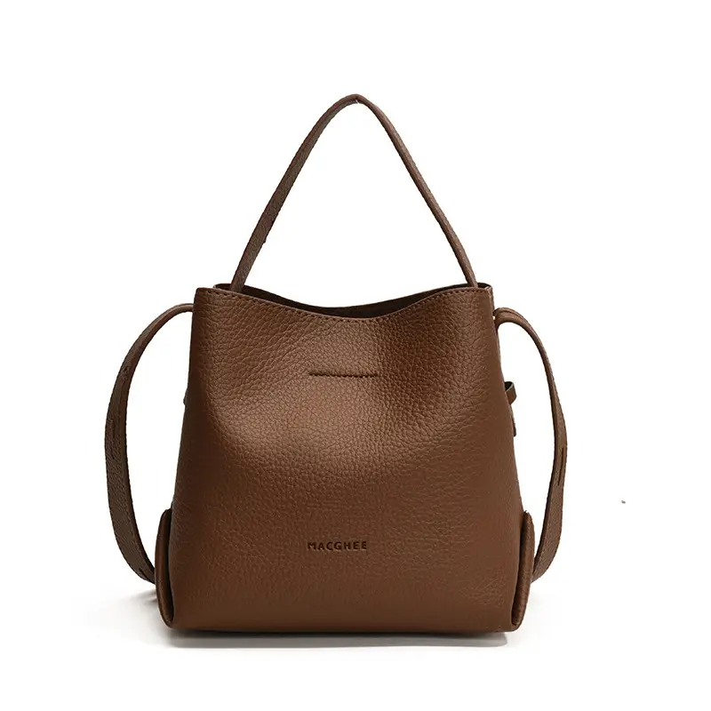 Women's Litchi Pattern Bucket Bag Beige Shoulder Crossbody - Image 5