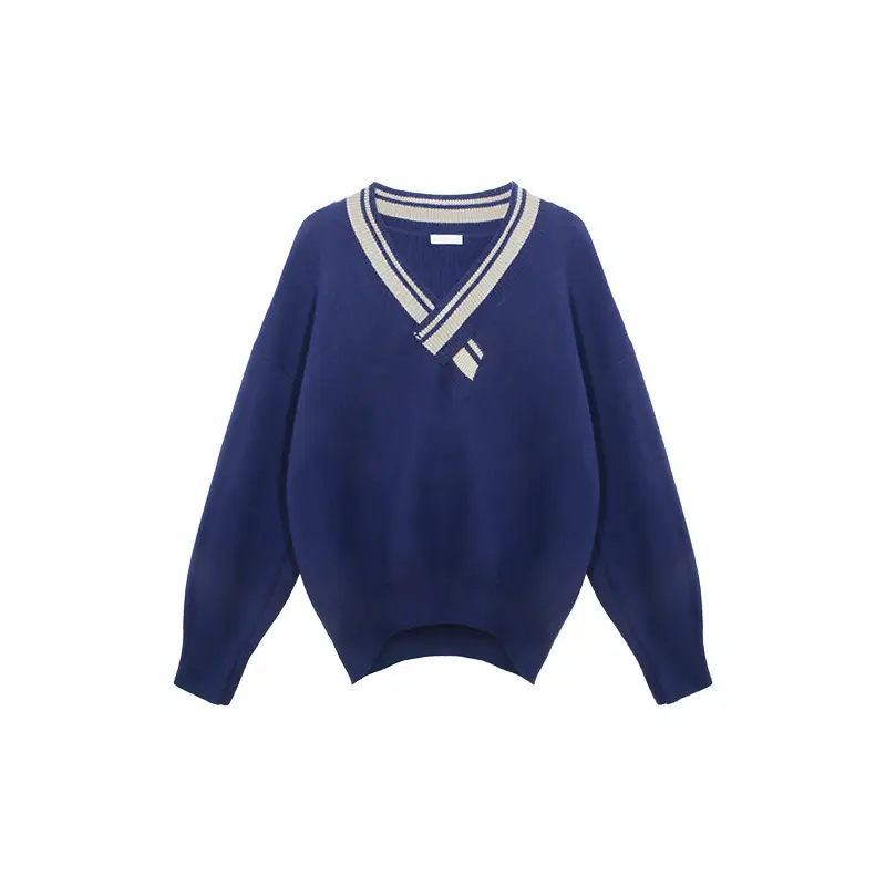 Men's Blue Knitted V-Neck Sweater with Striped Collar - Image 2