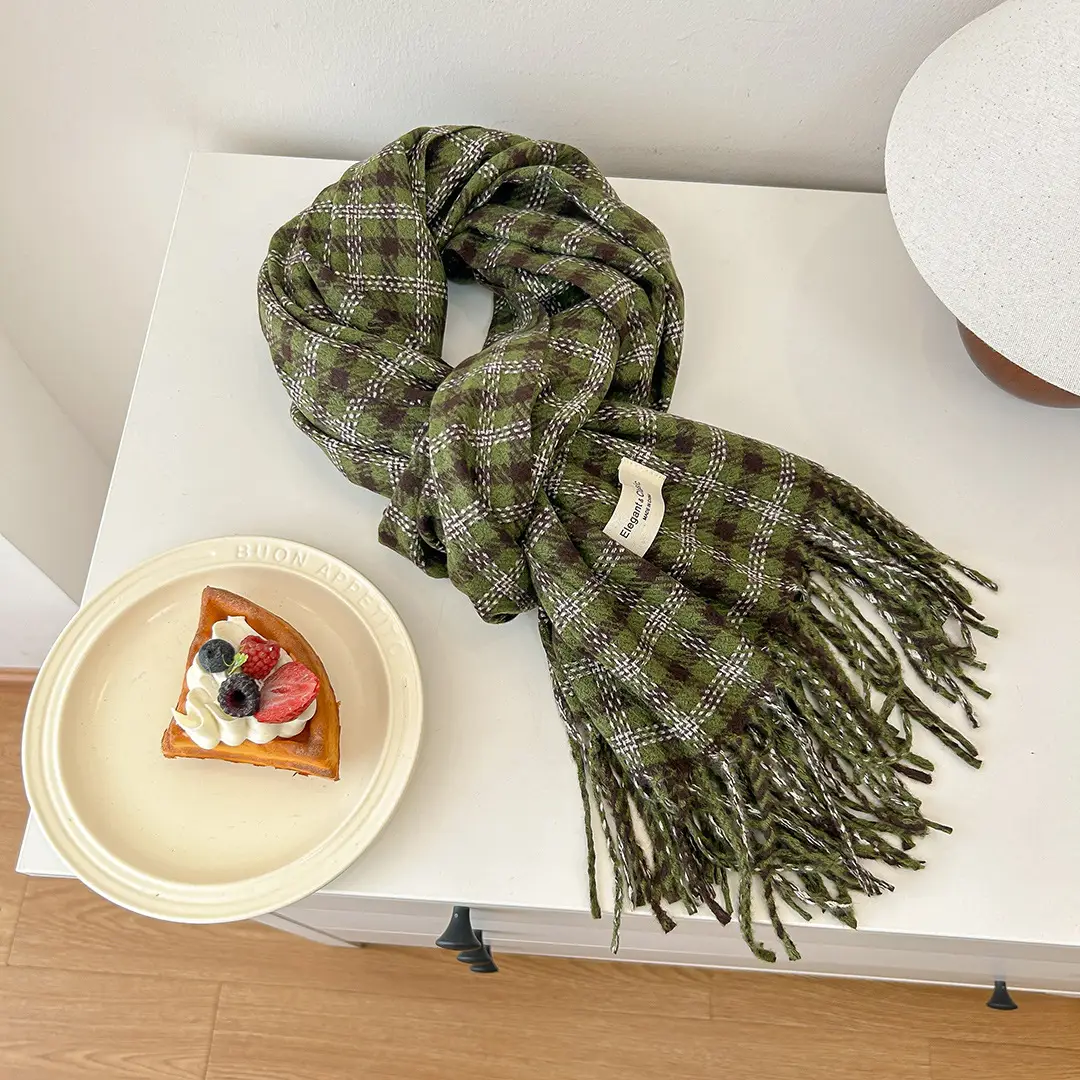 Women Plaid Tassel Scarf Winter Warm Cozy Shawl - Image 2